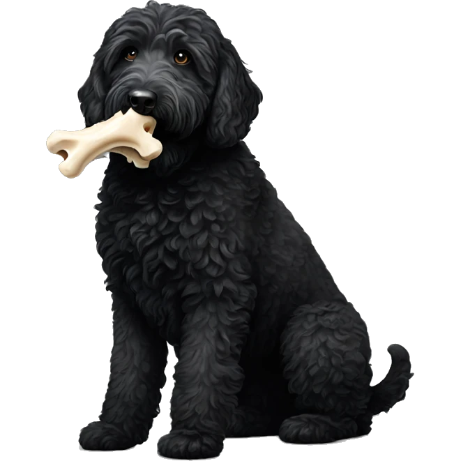 All black labradoodle carrying bone in mouth  emoji