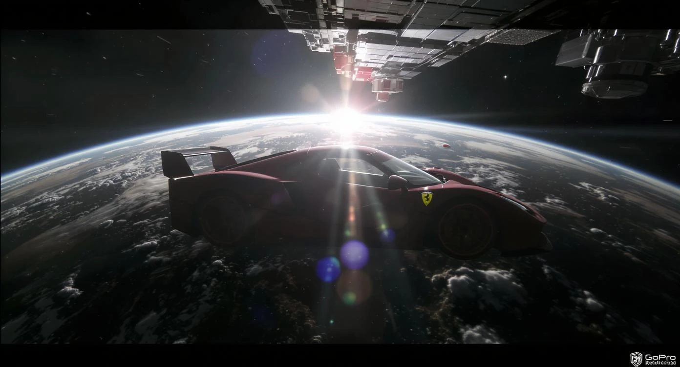 Cinematic still of a ferrari f40 floating in space, shot by space camera connect to spaceship, sun flare, big earth in background, captured by gopro emoji