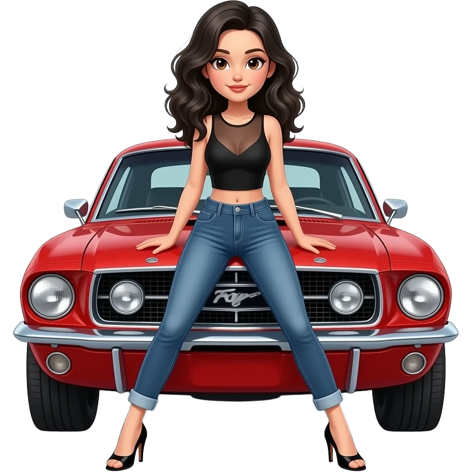 Pale girl with wavy jet black hair and brown eyes in front of a red ford mustang 1968 coupe. Girl wearing a sheer black sleeveless top, low rounded neckline, jeans and heels with visible toes. Legs spread and hands resting on the hood. emoji