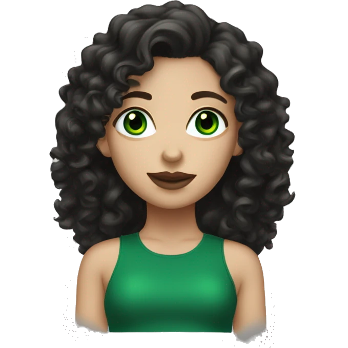 white girl with very green eyes and black long curly hair, and earrings, and green top, and mascara and lipstick emoji