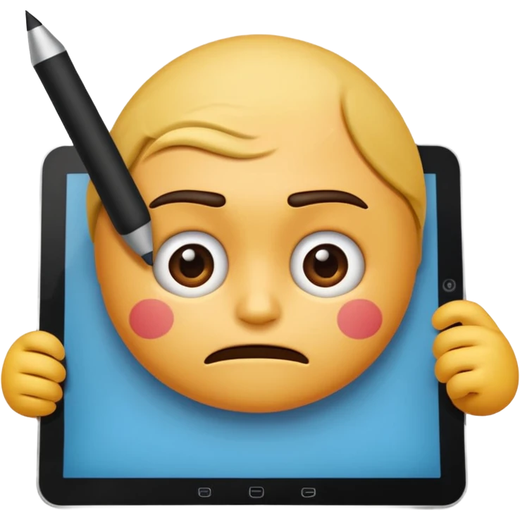 emoji holding and drawing on tablet using a stylus, looking down at screen in frustration emoji