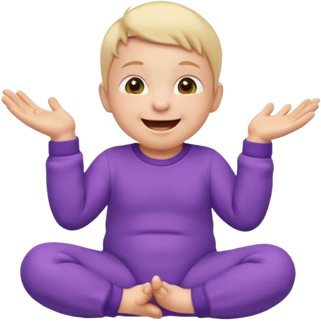 Apple-style emoji of a baby wearing a purple onesie, sitting and laughing joyfully, with hands down. emoji