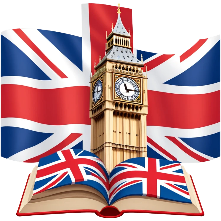 An icon featuring the Big Ben clock tower and the flag of the United Kingdom, symbolizing the English language. The design includes an open book with English words and phrases, representing language learning and cultural exploration. Transparent background  emoji