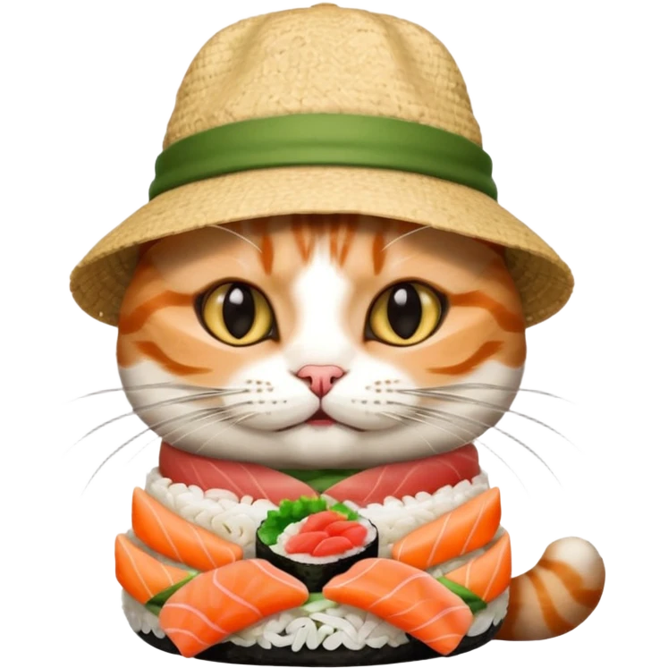 cat with its fingers crossed wearing a hat made out of sushi emoji