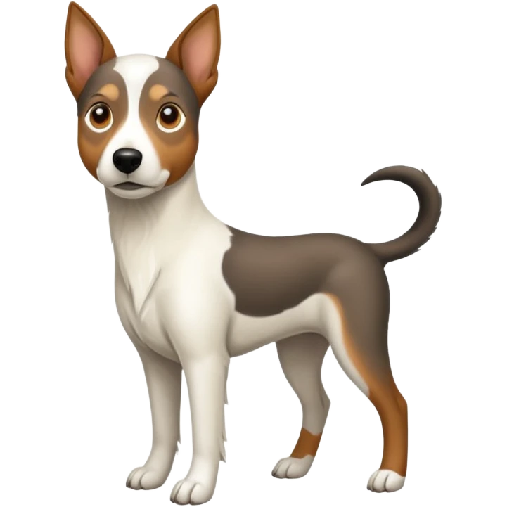 a full body large white floppy eared parson russell looking dog the size of a kelpie with light brown ears and a light brown patch on one eye and a large snout emoji