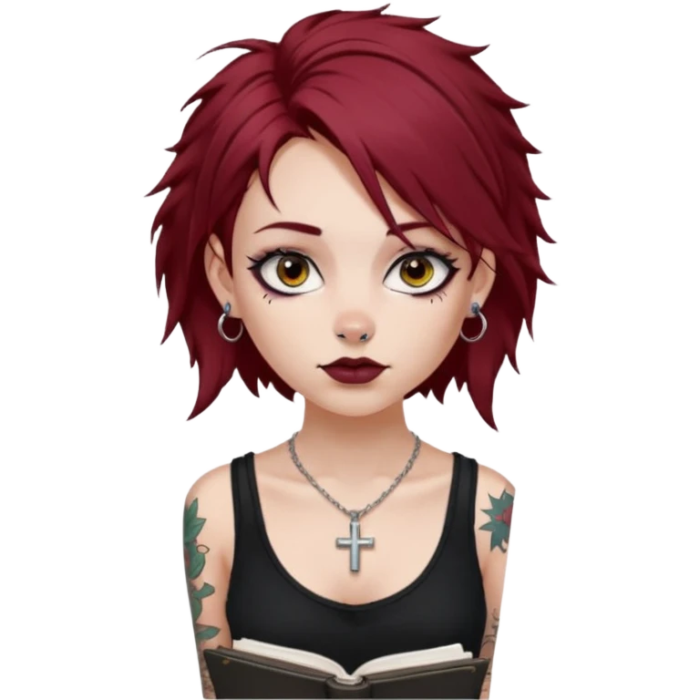 generate an ios genmoji of a girl with dark red messy hair with eyeliner on her eyes.  septum piercing, wearing a cami black top, has tattoos, on shoulders. ear piercings. wearing a cross silver necklace. Holding an overfilled sketchbook emoji