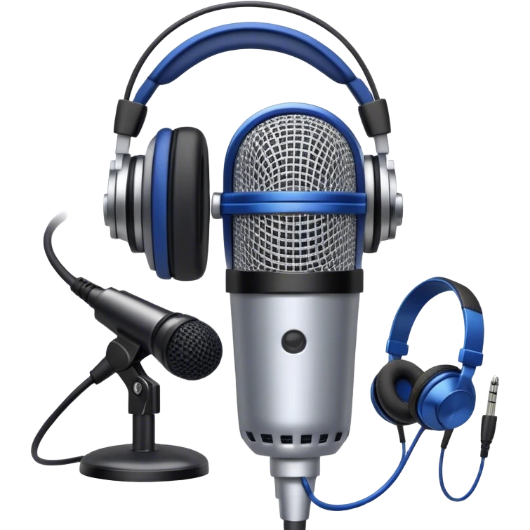 Create a sleek and professional emoji that represents voice acting and dubbing equipment. The design should feature a high-quality microphone, a sound mixer or audio interface, and headphones to symbolize the recording and technical process. Include elements like a soundproof booth or audio cables to reflect the studio environment. Use a modern, clean design with colors like silver, black, and dark blue to represent the professional side of voice acting. The background should be transparent. emoji