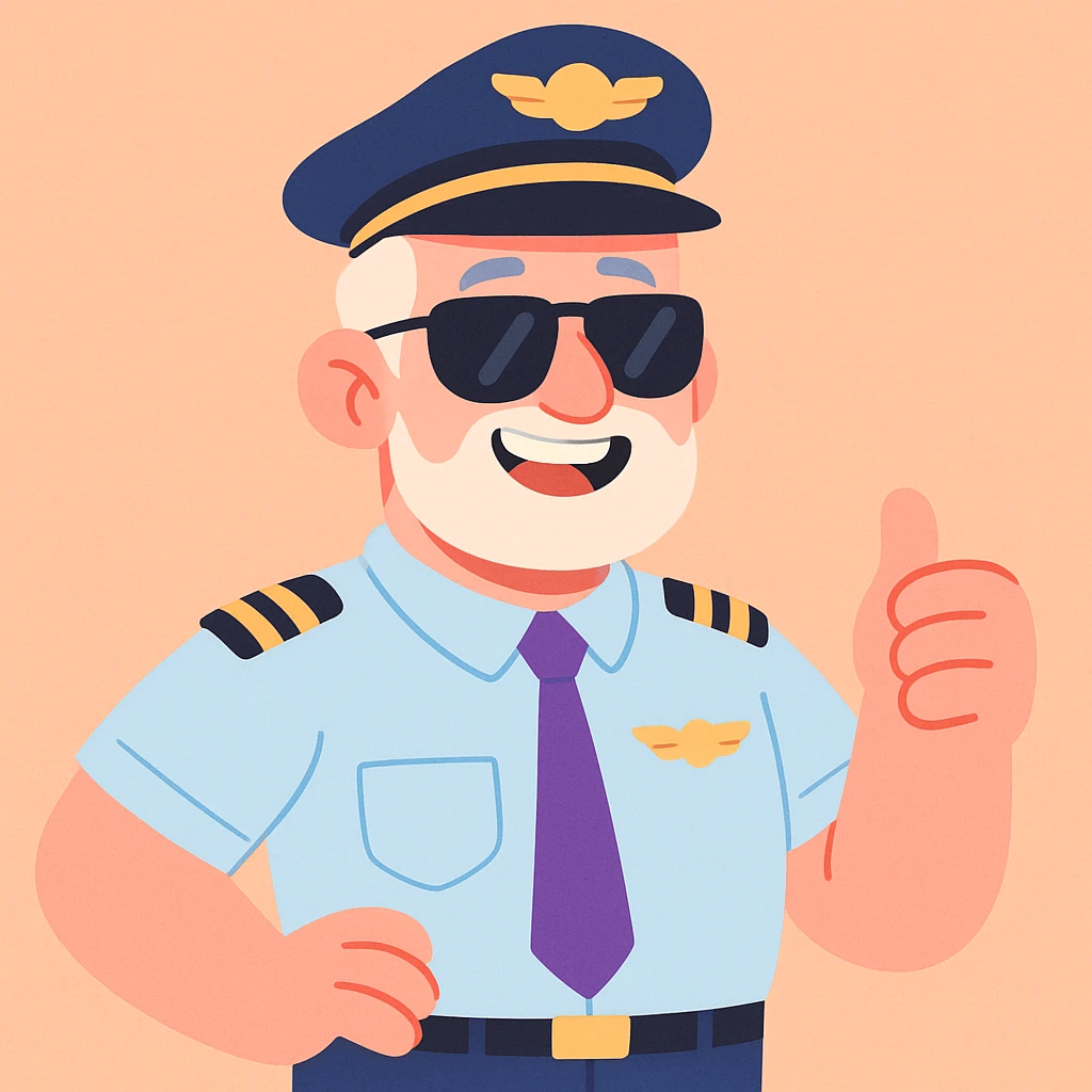 middle-aged male pilot, white skin, silver hair, beard, smiling, wearing sunglasses, pastel toon cartoon style emoji