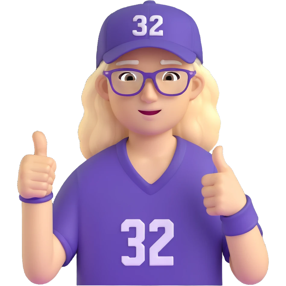 Man with black and white cap, purple sports jersey with number 32, clear glasses, messy light blond mullet hairstyle, thumbs up, content expression emoji