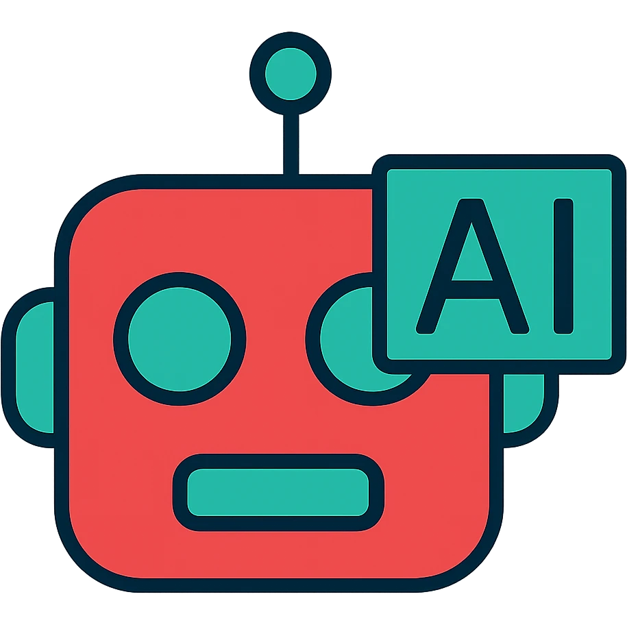 Modern icon for AI tools, stylized robot head or neural network, sleek and simple, in the style of a color outline icon, using a red and teal color scheme, with no background. emoji