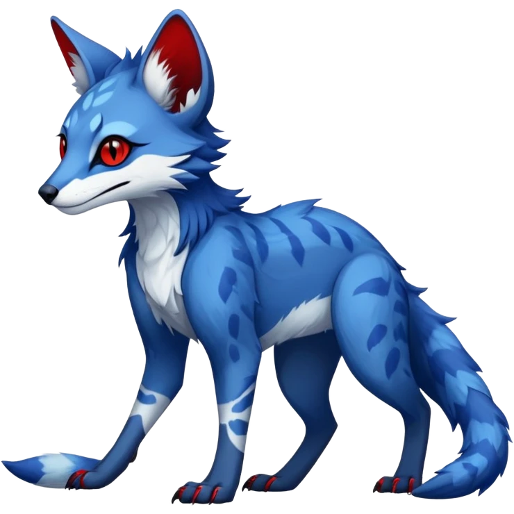 Feral Rare Fantasy sapphire-blue Vernid-Sergal-Genet-species by LiLaiRa, random markings, tufted ears, full body, 4 legs, darker ears, darker legs, red markings, white belly emoji