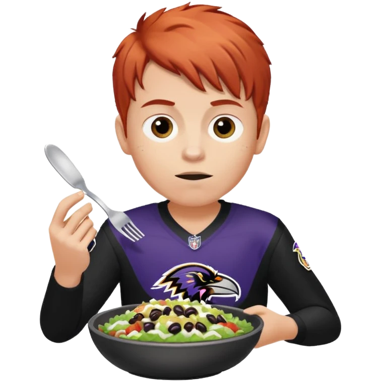 a red-haired boy wearing a ravens jersey and eating a chipotle burrito bowl emoji