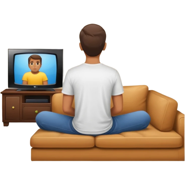 A man photographed from behind, sitting on a sofa and watching the news on TV. The setting is a living room. emoji