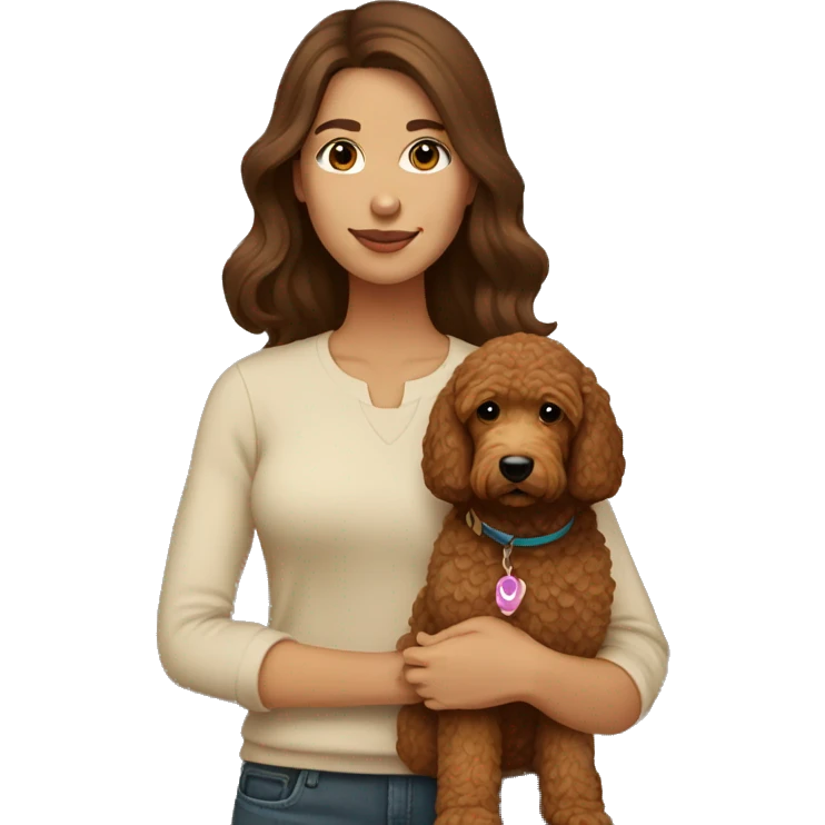 woman with straight brown hair holding a brown mini golden doodle emoji