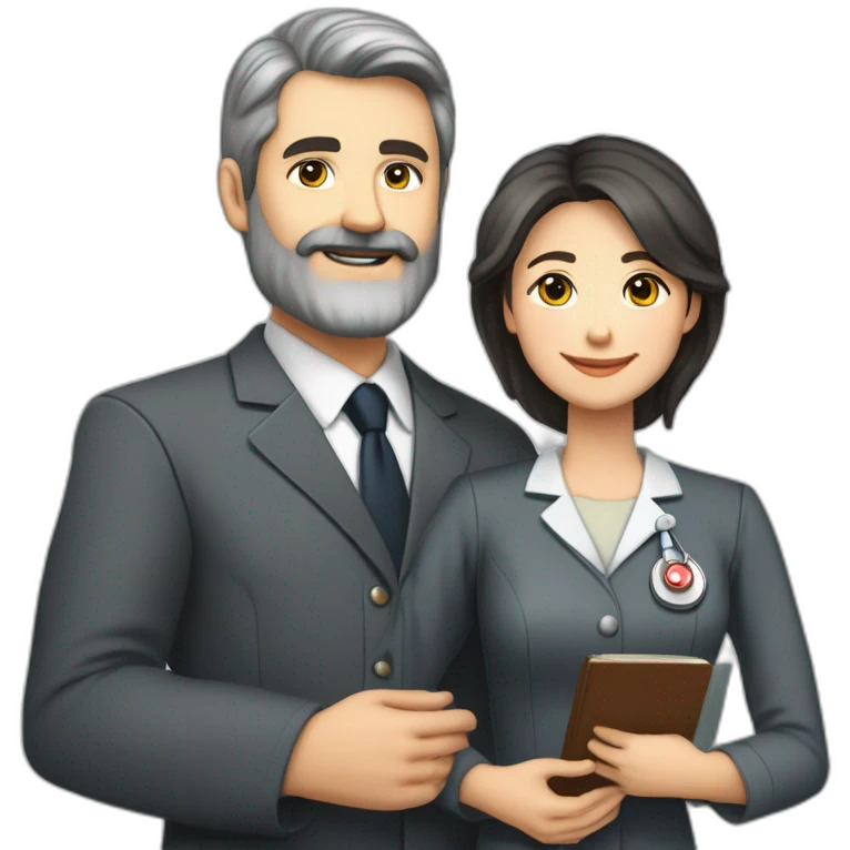 husband executive caucasian middle age dark gray hair trimmed beard business suit and open bible, with wife asian age 55 dark hair nurse uniform, no children emoji