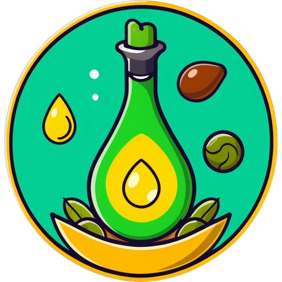 Floating aura in the shape of a golden and jade green drop, with bright icons of avocado, nuts, olive oil and ethereal fish spinning in a circle, surrounding a warm heart and illuminated brain, wrapped in a soft glow of protection and stable energy emoji