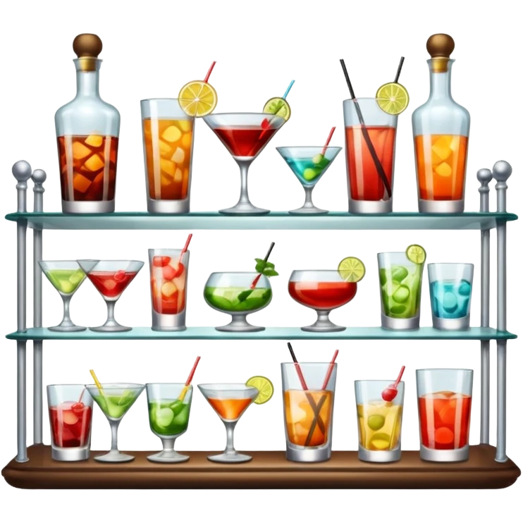 A glass shelf filled with cocktail bottles and fancy drinking glasses.
 emoji