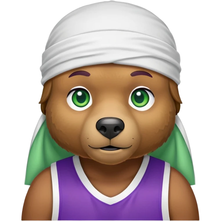 Stylish brown bear with green eyes wearing a white durag and purple and gold basketball jersey visible only to the shoulders, iOS emoji style emoji