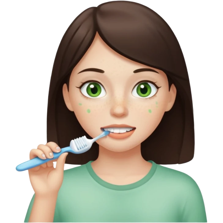 a white brunette girl with green eyes and freckles getting ready in the morning emoji