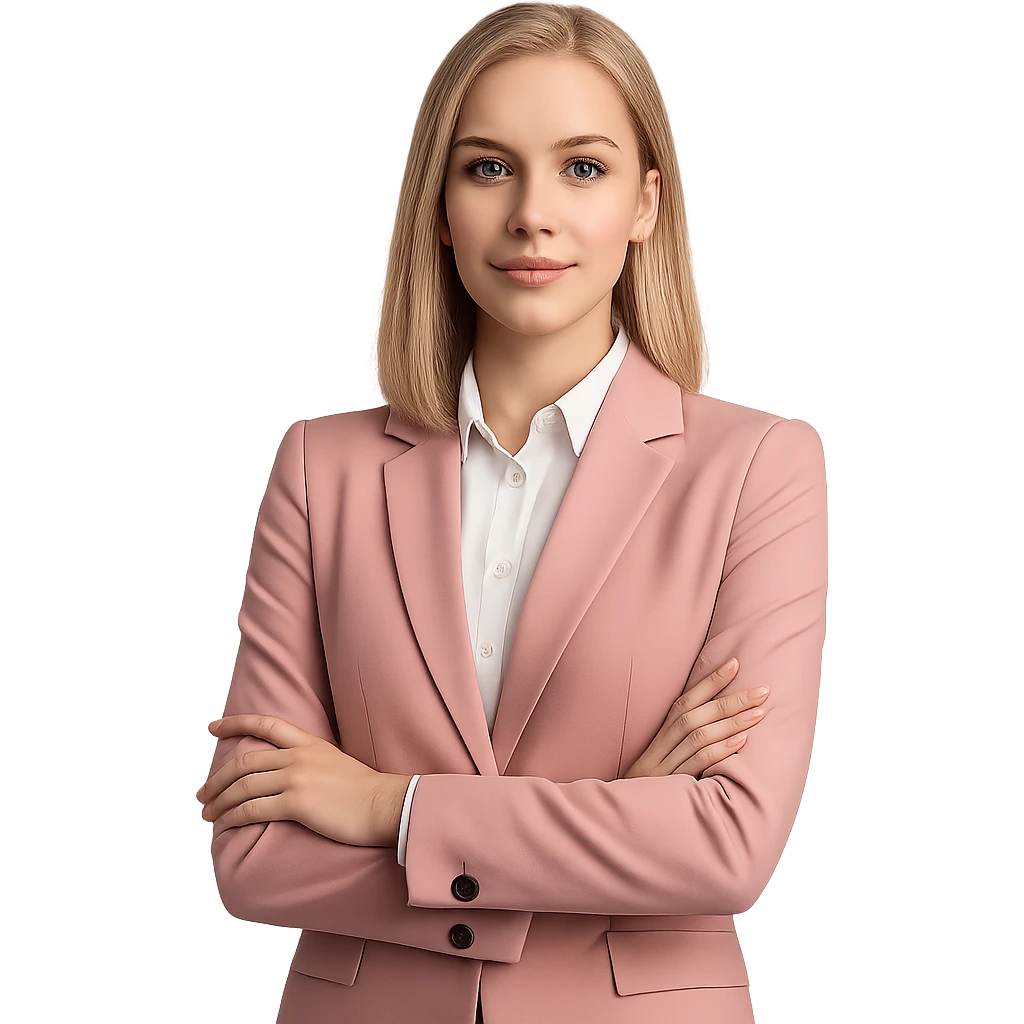 young blonde businesswoman in a pink suit, professional and confident emoji