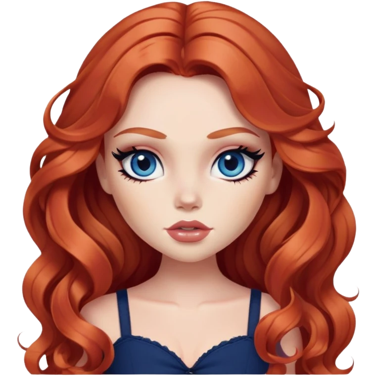  long wavy red hair, pale skin, dark blue eyes, pretty bratz baddie, black eyeliner, blush emoji