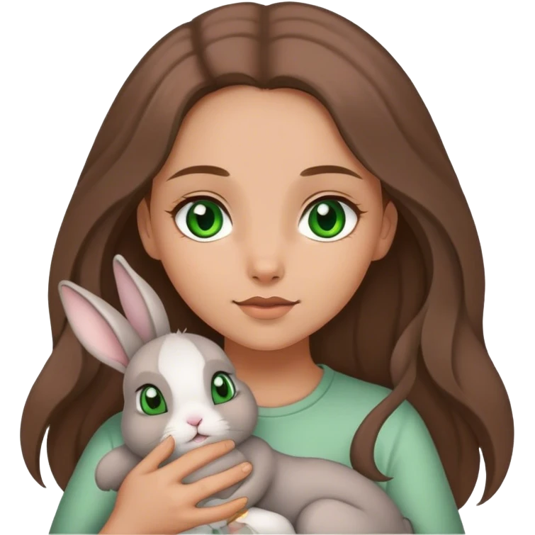 Long brown haired, green eyed girl holding a gray bunny. The bunny has floppy ears. emoji