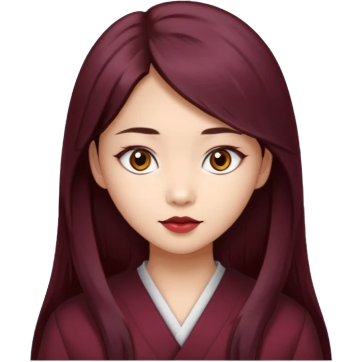 asian girl, long dark burgundy brown hair, hazel brown eyes, half lidded eyes, wolfcut hairstyle emoji