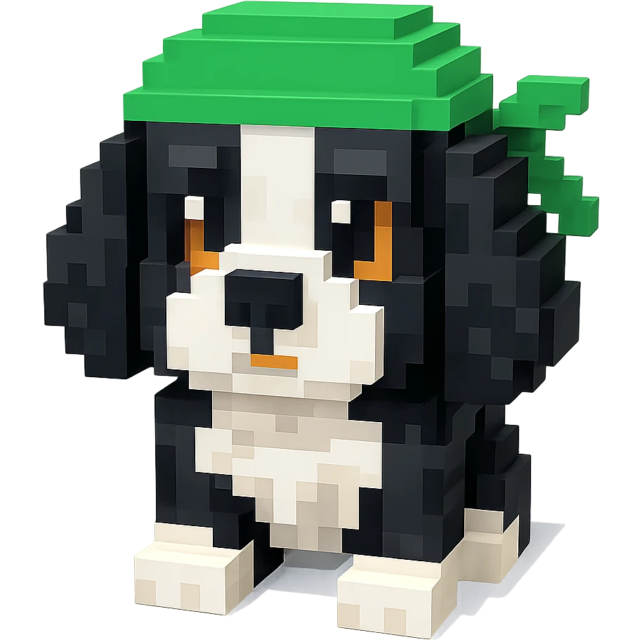 A black and white Russian Cocker Spaniel puppy wearing a green durag, facing forward emoji