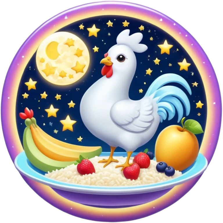 Magical fitness galaxy with ethereal glowing water bottle, celestial sun rays, enchanted floating chicken and rice plate, mystical sparkling gym equipment, luminous yogurt, twinkling fruit pieces, and dreamy moon and stars, all orbiting in perfect harmony within a cosmic starry circle emoji