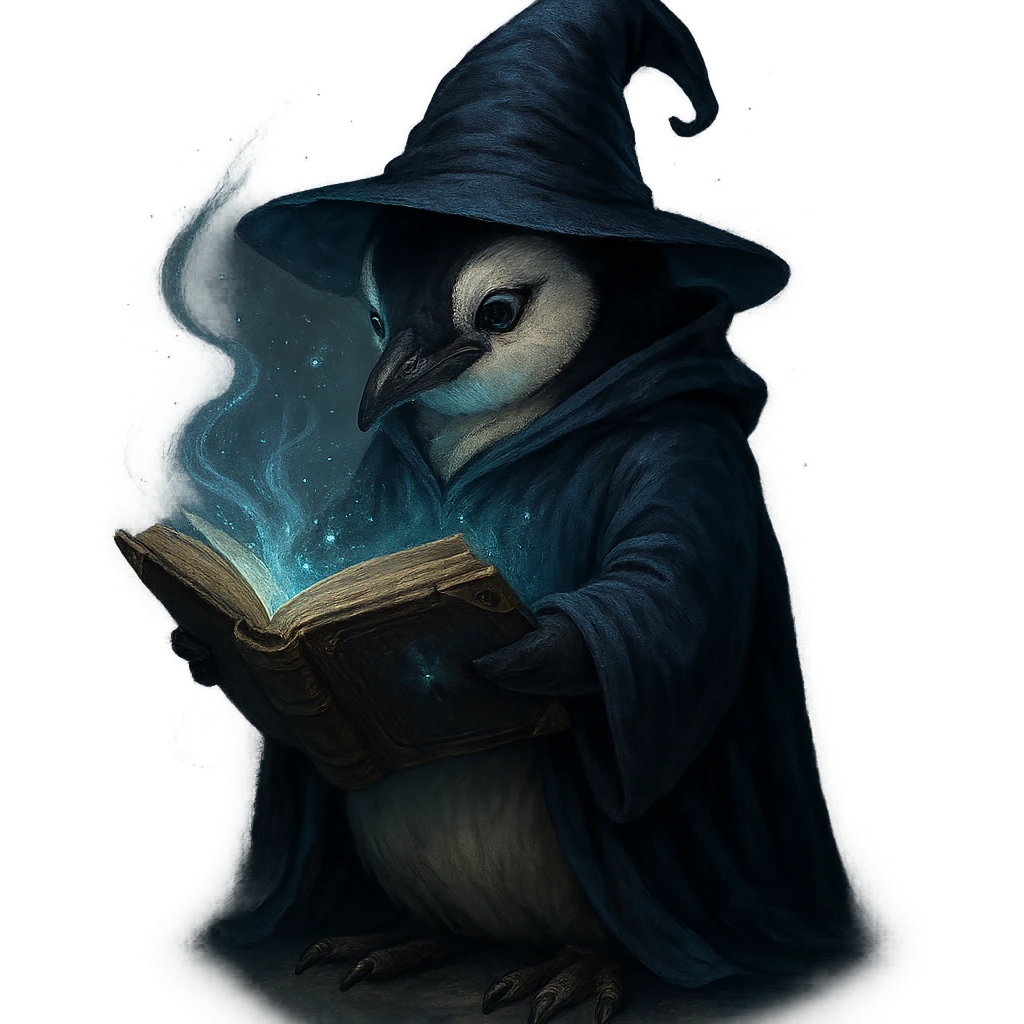 penguin wizard reading a spellbook, mystical atmosphere emoji