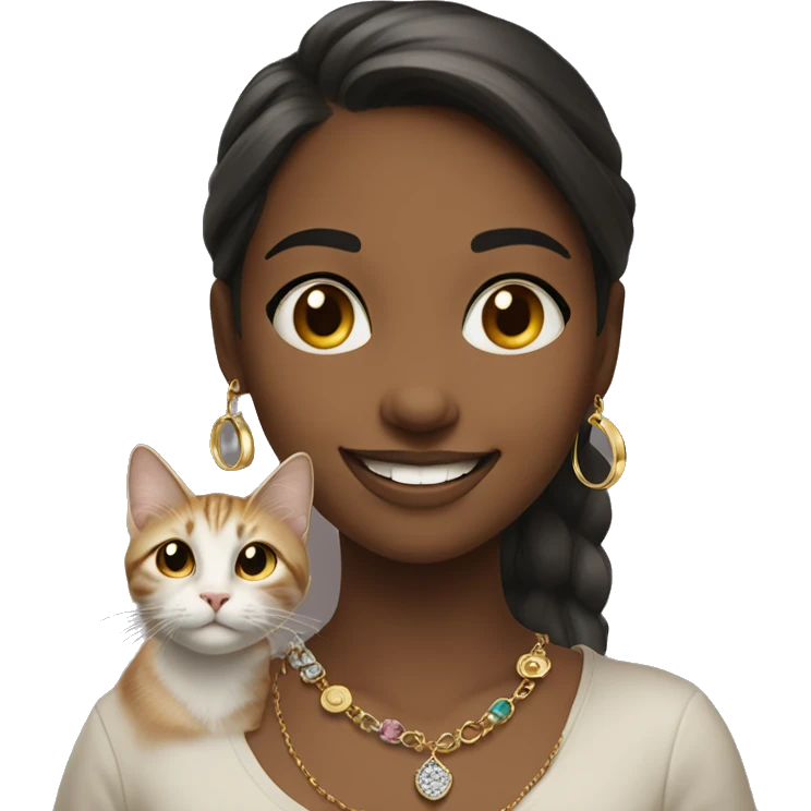 smiling girl indoors with jewelry walking cat emoji