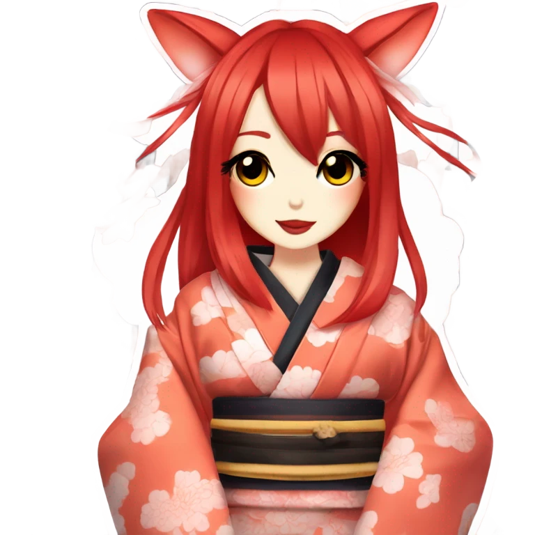 hime gyaru girl, kimono, red hair, kitsune mask emoji