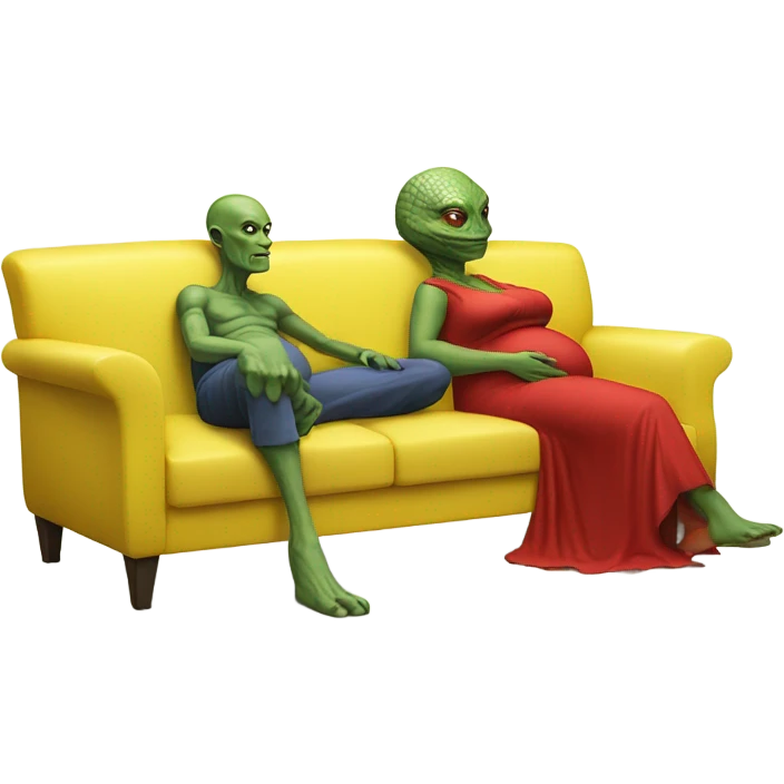 reptilian alien woman in red dress,pregnant, sitting on a jellow couch, and human man white skin emoji
