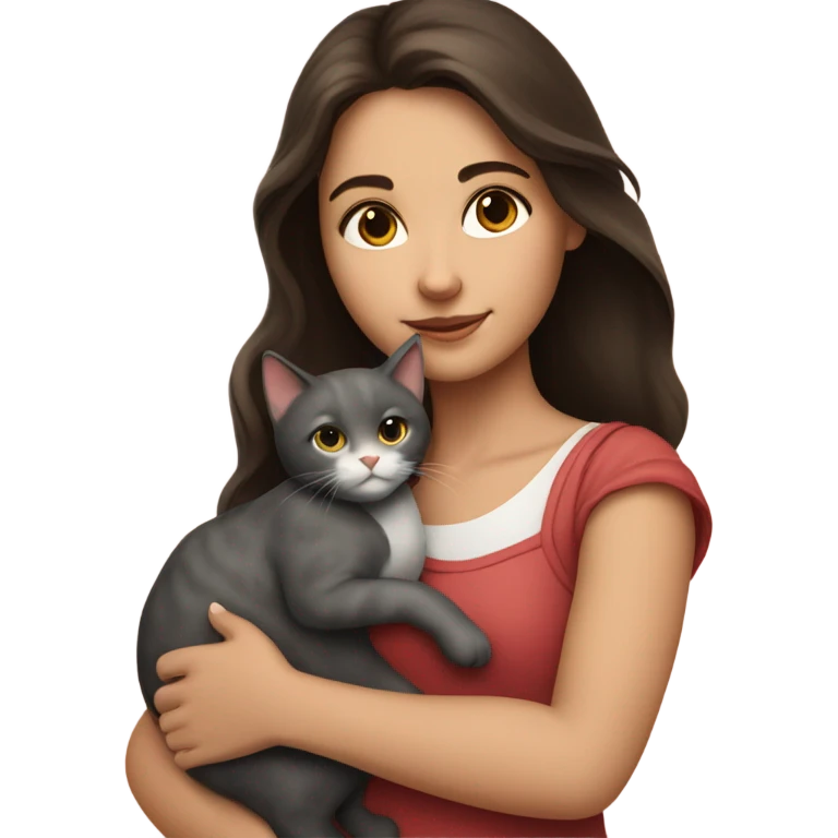 portrait of a beautiful brunette girl holding a cat emoji