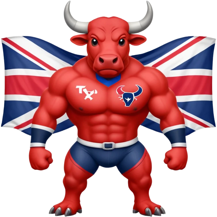 Houston texans bull, wearing a texans jersey, with a union jack flag behing emoji