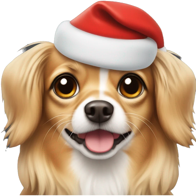 A dog that is a mix between a long haired chihuahua and a dachshund wearing a Santa hat emoji