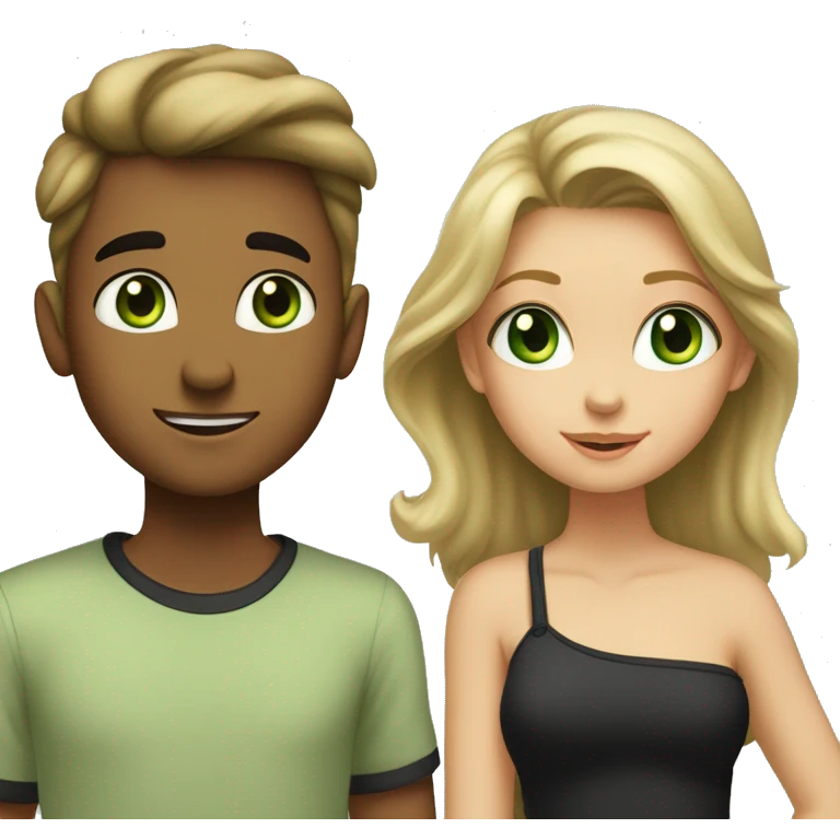 boy and girl with dirty-blond hair and light green eyes. Boy is wearing light khaki t shirt. Girl is wearing off shoulders black top. They are looking at each other lovingly. Boy is taller than girl. emoji