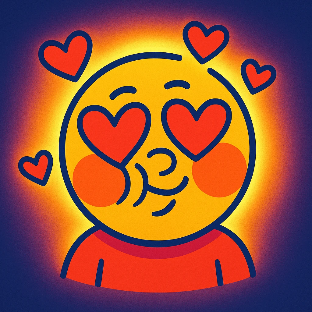 Add a glowing aura and floating hearts to the vibrant toon face with heart eyes, cheeks puffed out, playful smirk, blushing. emoji