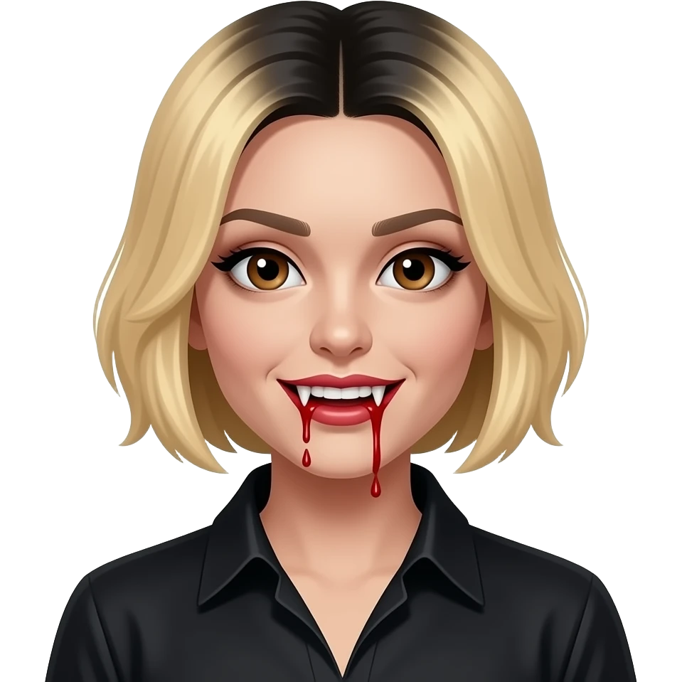 women blond short hair with black roots, black skin, brown eyes, black shirt,  dracula teeth with blood on the fangs emoji