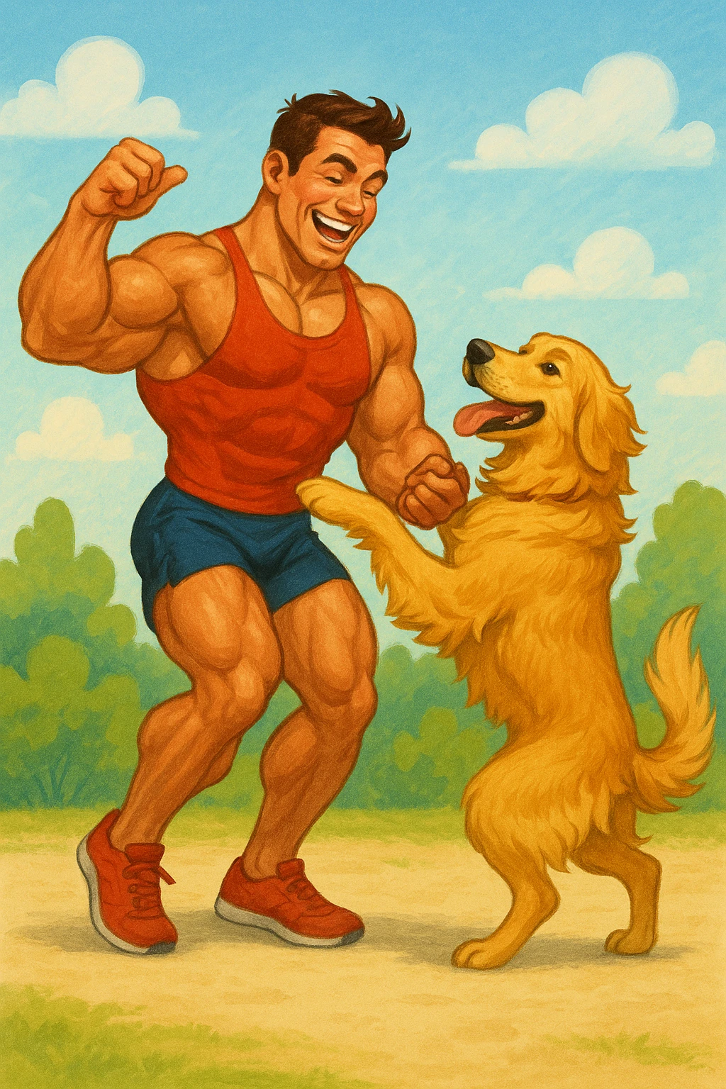 Bodybuilder che balla con un golden retriever emoji