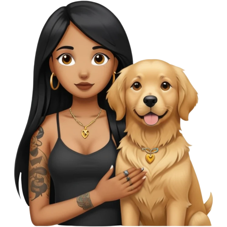 brown girl with long black  straight hair and chest tattoos and  a golden retriever emoji