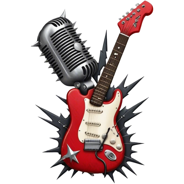 Create a powerful and dynamic humanless emoji representing rock vocals. The design should feature a classic vintage microphone with a rugged, distressed look, surrounded by elements like a guitar pick, electric guitar neck, and sound waves to reflect the raw energy of rock music. Add subtle details such as a spiked bracelet, leather textures, or bold lightning bolts to evoke the rebellious and intense spirit of rock. Use dark, edgy colors like black, red, silver, and metallic accents to emphasize the fierce, loud, and passionate nature of rock vocals. The background should be transparent. emoji