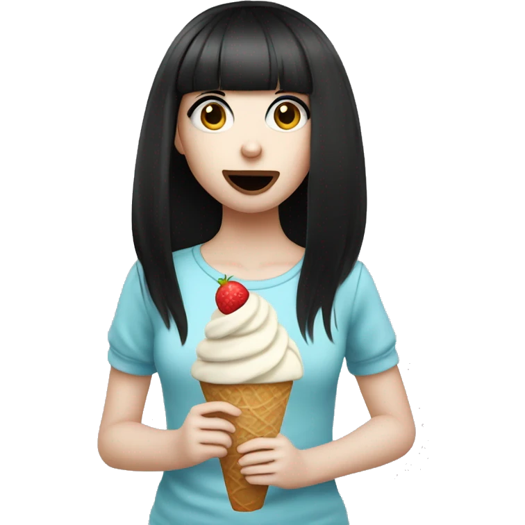 Portrait cute Girl pale skin with long black  bangs eating icecream  emoji
