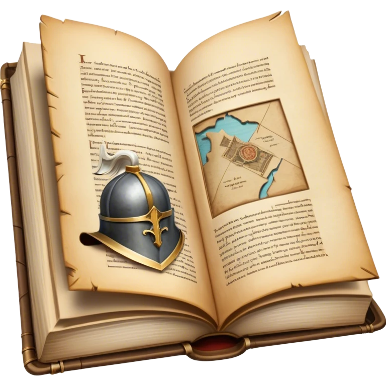Icon for Historical Fiction Reading: an open book with pages showing ancient scrolls, a quill, a knight's helmet, and a parchment map. The icon should evoke the adventure and grandeur of historical settings and storytelling. Transparent background. emoji