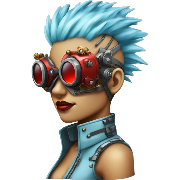 Light blue Mohawk hair female cyborg head with red steampunk goggles and circuits emoji
