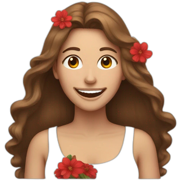Woman with long brown hair and a red flowers in her hair laughing emoji