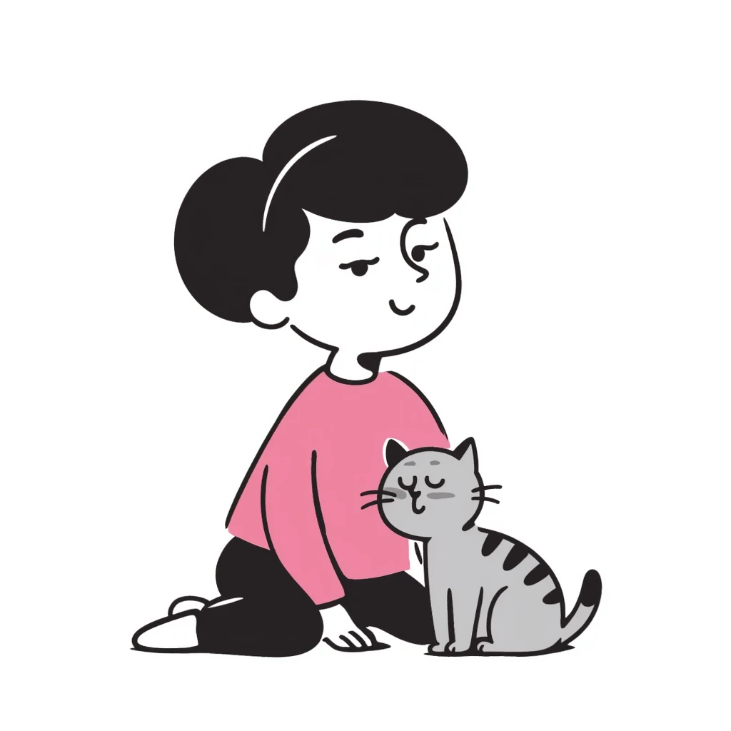 character with dark brown hair clipped back with a hairpin, sweet eyes, pink shirt, cat nearby emoji