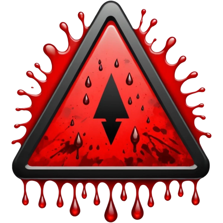A triangular danger sign with a bold black border with danger written in the midle and a bright yellow background. In the center, a dark red blood splatter spreads outward, with a few drops dripping down the sign. The design gives a wild, intense, and dangerous vibe, emoji