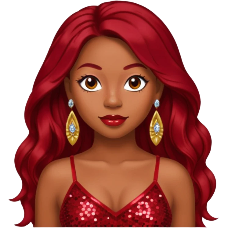 LaTavia Robeson with dark red long hair, red sequin crop top, red earring emoji