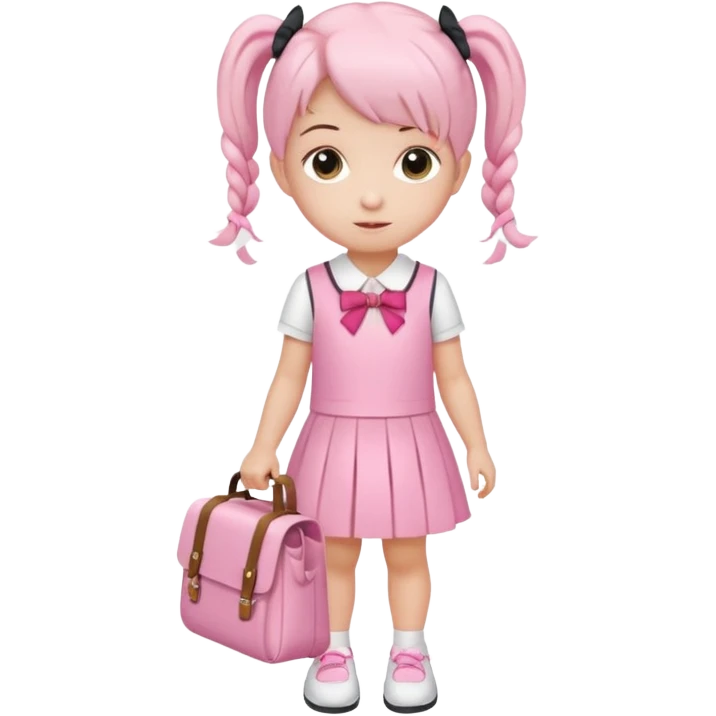 small girl wearing pink student uniform, white dress, white shoes and a bow on her pigtail hair, holding school bag emoji